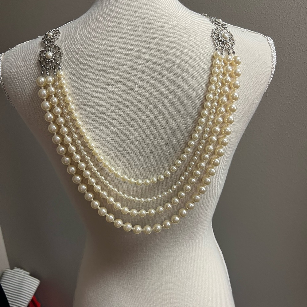 Elegant layered faux Pearl Necklace with Silver Accents